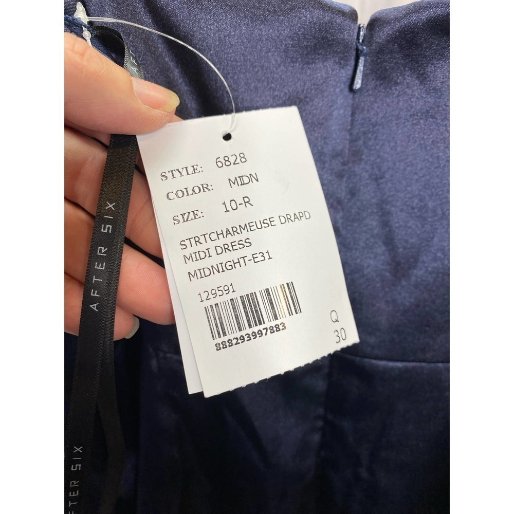 Nwt After Six Charmeuse Stretch Draped Midi Dress 10 Midnight Blue Satin Wrap - Picture 4 of 4